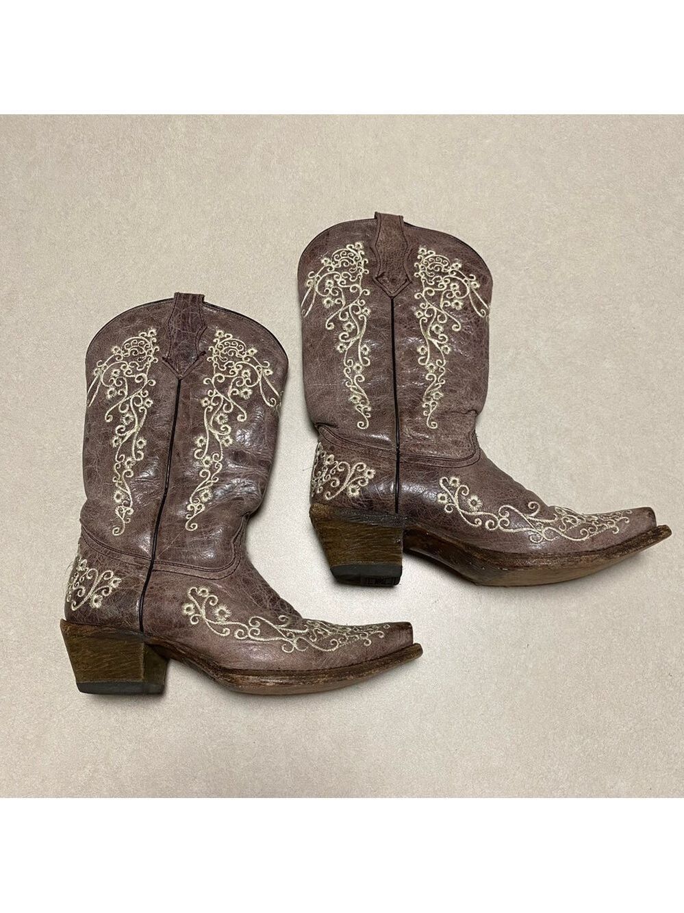 Corral Teen Cowboy Boots Kids 3 Bone Floral Embroidered Snip Toe Cowboy Boots